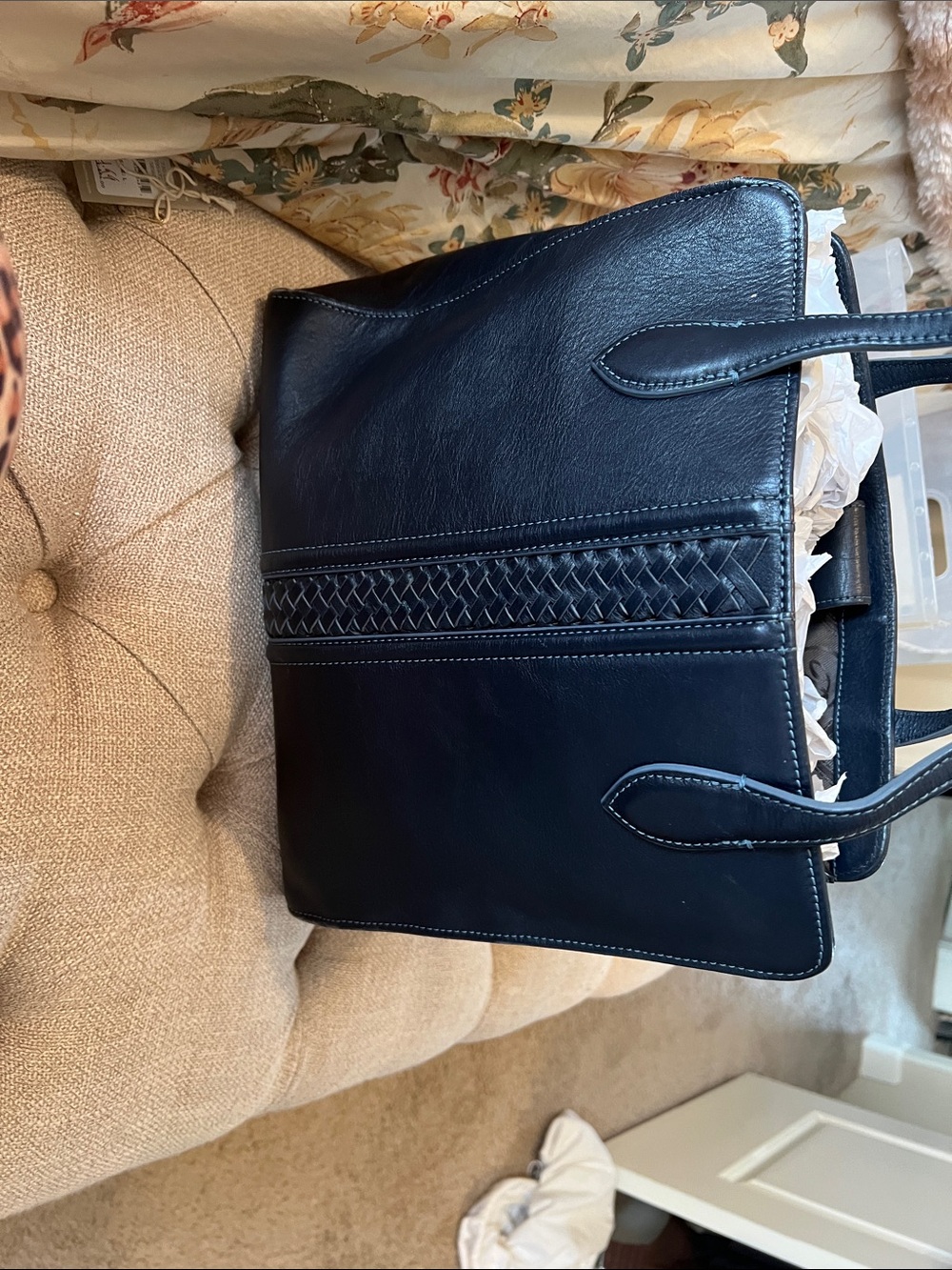 Brighton Navy Leather Tote with Woven Accent